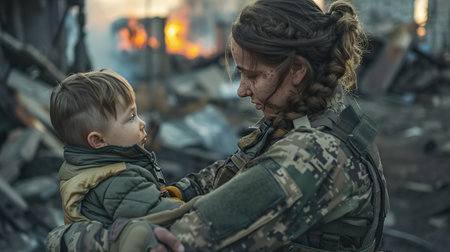 Double exposure of Ukrainian soldier hug little child with city in ruinsの素材