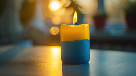 A simple yellow and blue candle burning brightly, casting soft shadows on a white tableの素材