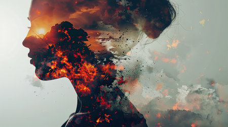 Double exposure of womans silhouette against ruined city in fire, because of warの素材