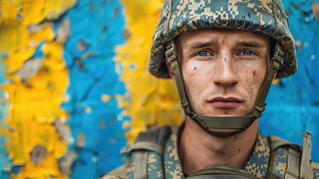 Close up portrait of Ukrainian fully armed soldier with blue and yellow color on backgroundの素材