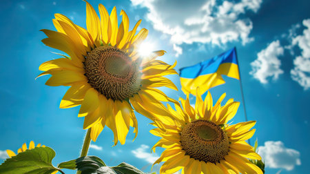 View from bottom on yellow sunflowers with blue clear sky on backgroundの素材