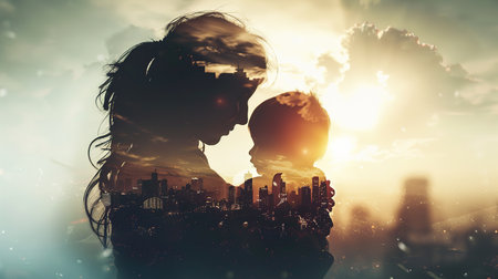 Double exposure of mother hugs her child silhouette against city explosion because of the warの素材