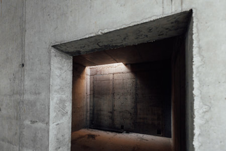 a dark room with concrete walls and a small light opening in the ceilingの写真素材
