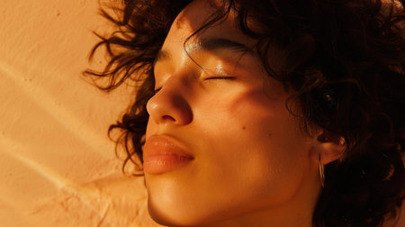 Close-up of an LGBTQ person with eyes closed, basking in golden-hour sunlightの素材