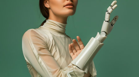 Close up womans bionic prosthesis hand on pastel green backgroundの素材