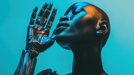 Portrait of stylish African American female with prosthetic hand on a vibrant color backgroundの素材