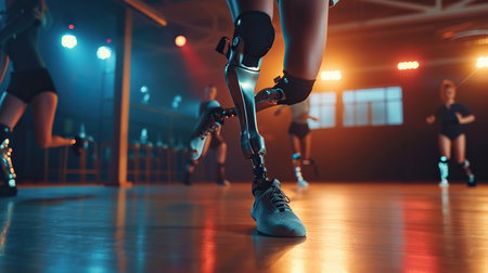 Attractive individual with a prosthetic leg participating in a dance classの素材