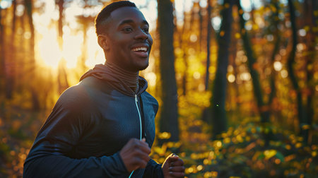 Joyful African American runner exercising in Autumn park during sunlightの素材
