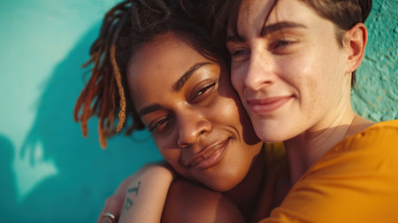 Very close up portrait of two LGBTQ attractive persons show love and tendernessの素材