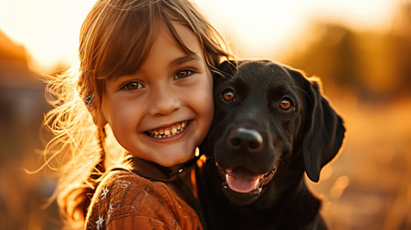 Cute close up portrait of cheerful child and his Labrador pet on vibrant backgroundの素材
