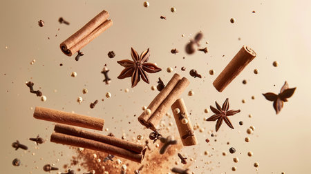 Assorted spices, cinnamon sticks, star anise, and cloves, suspended in mid-airの素材