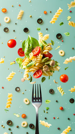 Spaghetti twisted on a fork in the center of the frame, in the middle of flying salad vegetablesの素材