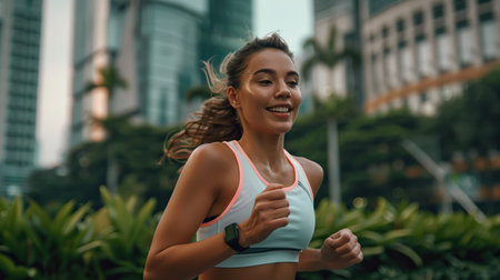 Female athlete jogging through a city park filled with greenery and sunlightの素材