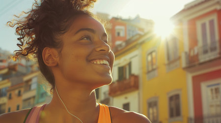 Smiling female athlete in vibrant summer sportswear, jogging through a cityscapeの素材