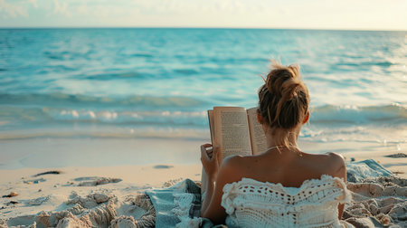 A woman lying on a beach towel and reading a novel with the calm ocean in the backgroundの素材