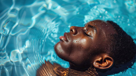 persons joyful face as they embrace the refreshing waters of the poolの素材