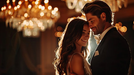 Caucasian couple having their first dance with a beautifully lit ballroom backgroundの素材