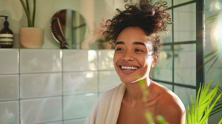 Female person with white teeth using a smart mirror, with a stylish bathroom in the backgroundの素材
