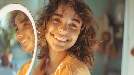 Attractive person with white teeth using a smart mirror, with a stylish bathroom in the backgroundの素材