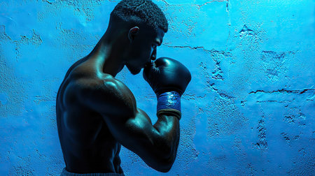 Black skinned man boxer with muscular body on vibrant colored wallの素材