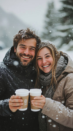 Joyful romantic couple spending weekend together outdoors, enjoying winter snowy dayの素材