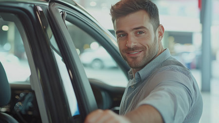 Man happy customer male buyer client get out car touch door look camera salon driveの素材