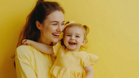 Woman in light clothes have fun with cute child baby girl 4-5 years oldの素材