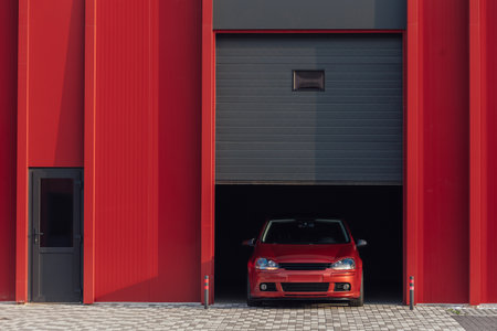 A red car is parked inside a red garageの写真素材