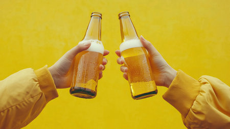 Close up two hands holding lager beer glass bottles and clinking isolated on yellow backgroundの写真素材