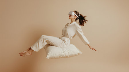 Young calm woman wearing pajamas and sleep mask resting sleeping at home and levitating in her sleepの写真素材
