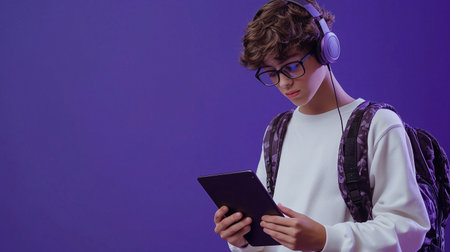 Young student in casual clothes holds tablet isolated on violet backgroundの写真素材