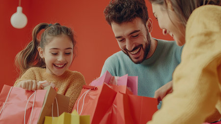 happy family with shopping bags looking at each other on christmas eveの素材
