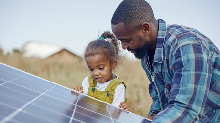 Father and child explore nature together, examining wildlife on a tablet during a cool autumn dayの素材
