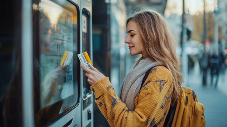 Young woman checks ticket at public transport machine in a bustling cityの素材