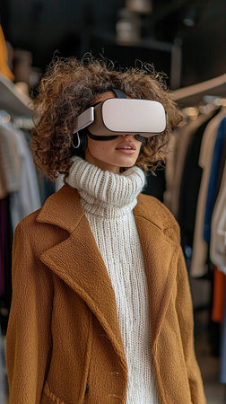 Young woman exploring virtual reality in a clothing store during the dayの素材