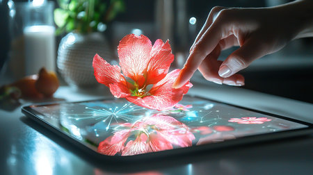 Touching a digital flower on a tablet in a cozy indoor setting at nightの素材