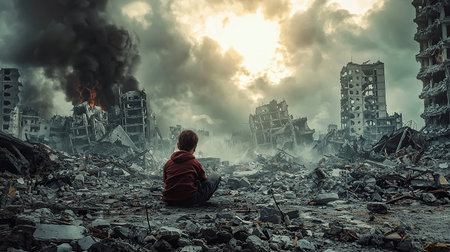 Child sits in devastation of a destroyed cityscape after conflictの素材
