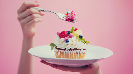 Beautiful cupcake with fresh fruit and decorations on a white plate held in handの素材