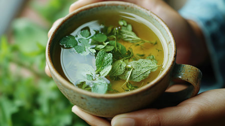 Close-up of a hand holding a herbal tea cup with a candle in the backgroundの写真素材