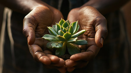 Close-up of hands gently cradling a vibrant succulent plant in natural light