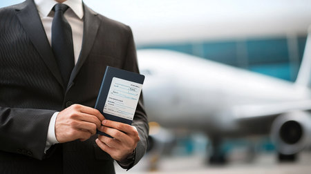 Business traveler preparing for departure with passport and airline ticketの写真素材