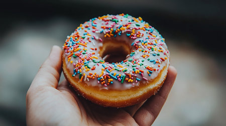 Close-up of a hand holding a colorful sprinkles topped doughnut at a festive location