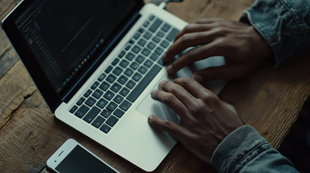 Close-up of hands typing on a laptop with a smartphone in a cozy setting