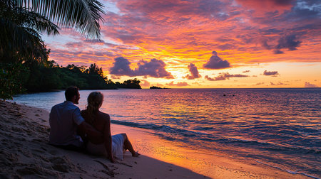 Couple enjoys a romantic sunset together on the beach by the oceanの写真素材