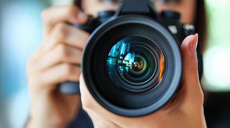 Person holding a camera with lens focused on capturing vibrant detailsの写真素材