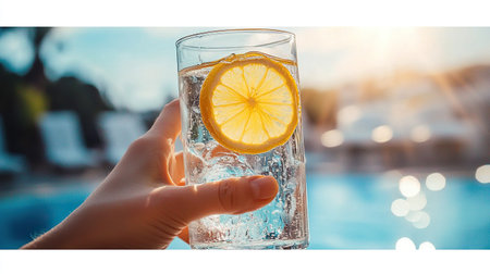 Refreshing glass of sparkling water with lemon slice held in hand