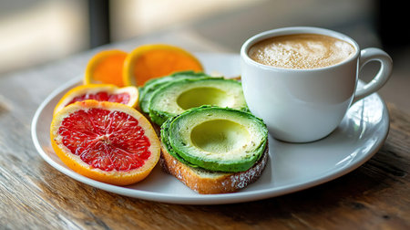 Healthy breakfast featuring fresh fruits, avocado toast, and coffee served at a cozy cafe