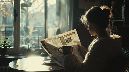 Enjoying coffee and reading a newspaper in a cozy morning settingの写真素材
