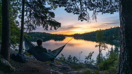 Enjoying a serene evening by the tranquil lakeside in natures embrace