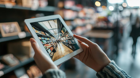 Person using digital tablet to browse shopping app in market aisle